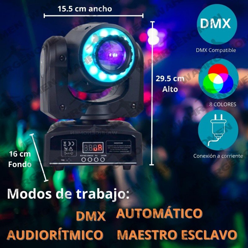 Luces de cabeza móvil de 60 W, luces LED móviles blancas para DJ, luz de  escenario RGBW con control remoto, 8 GOBO 8 patrones de foco por DMX 512