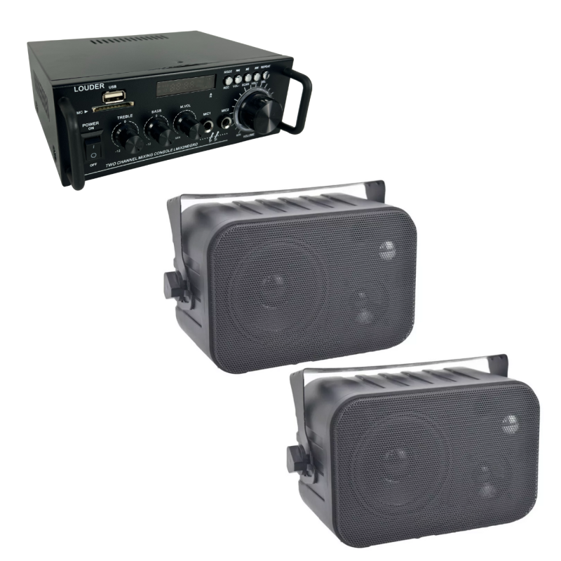 Amplificador + 2 Bocinas Ambientales Exterior Bluetooth... Amplificador + 2 Bocinas Ambientales Exterior Bluetooth...