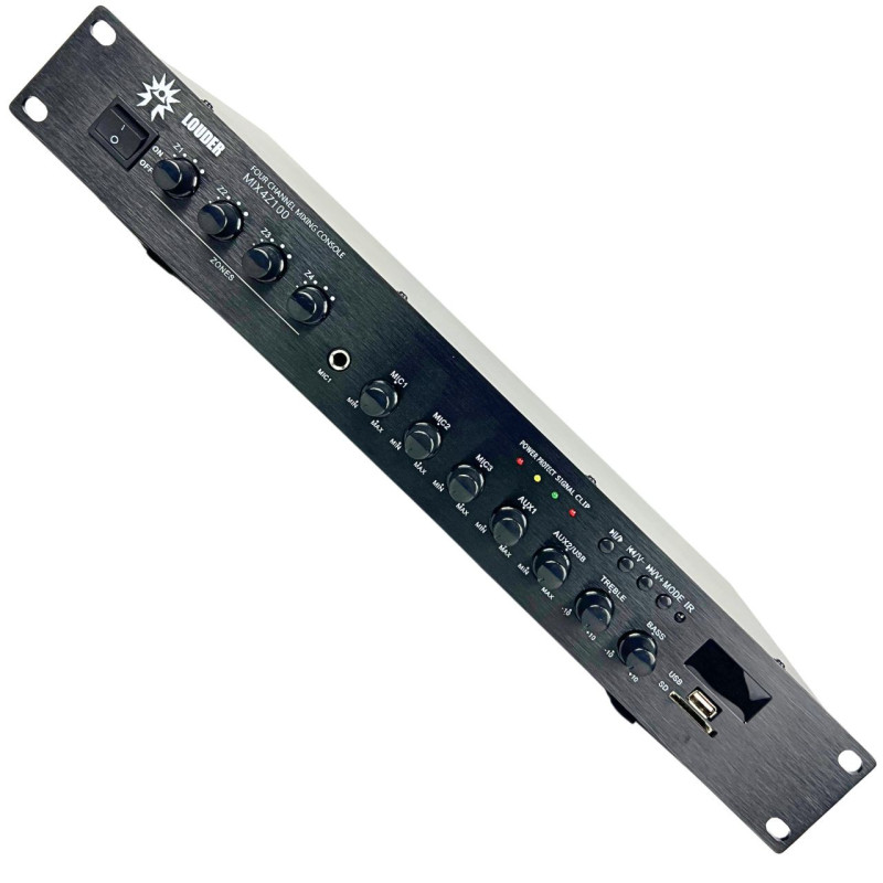 MIX4Z100 Amplificador Ambiental 4 Zonas 25W x Zona – Total 100W RMS  Ideal para restaurantes, cafés, tiendas de ropa y espacios