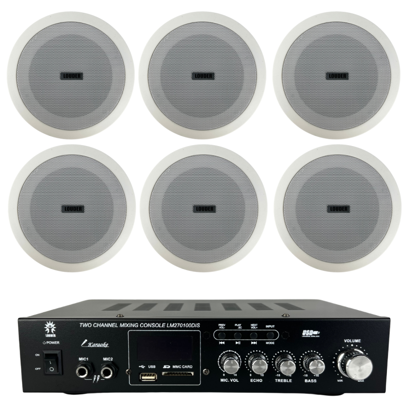 Amplificador Sonido Ambiental Y 6 Bocinas Plafon 5 PuLG