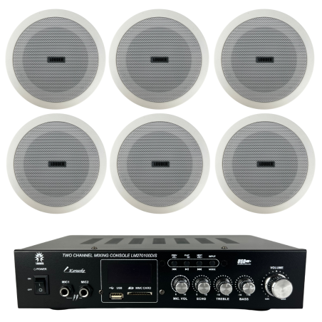 Amplificador Sonido Ambiental Y 6 Bocinas Plafon 5 PuLG