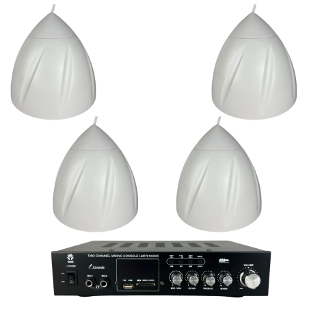 Kit Amplificador Y 4 Bocinas Colgantes Sonido Ambiental