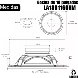 LA180116OHM Bocina 18 Pulgadas Para Grave 16 Ohm Subwoofer Alta Potencia